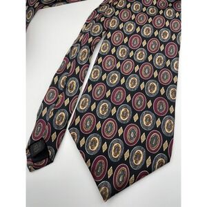 Claybrooke Mens 100% Silk Tie Burgundy Blue Gold Geometric Pattern Necktie
